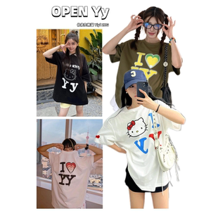 女Kitty聯名貓咪翻領愛心t恤新款 YY短袖 Open 上衣夏 官方正品
