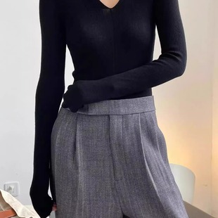 新款进口日本岛精100%羊毛v领美利奴羊毛杨子纱长袖针织打底衫女