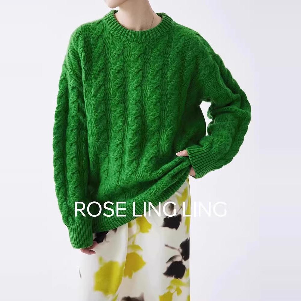 RoseLingLing重磅高品質(zhì)美利奴羊毛時(shí)髦百搭慵懶寬松圓領(lǐng)絞花毛衣