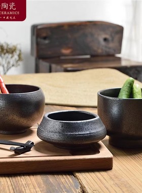 黑色陶瓷餐具创意碗特色中式汤面碗深碗高脚碗大碗汤碗酱油壶味碟