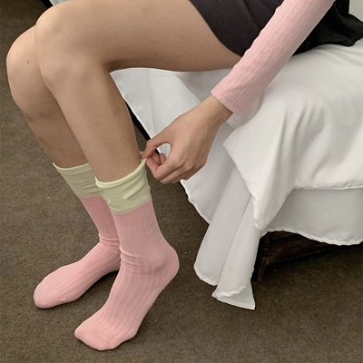 芍药粉色堆堆袜wa～好甜!!显白又显nun～敲奶思！假两件拼接袜子