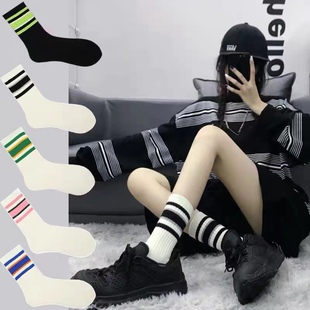 我偏要杠 韩国东大门条纹袜子男女ins潮外穿情侣运动中筒棉袜