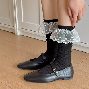 Black日杂黑色系小腿堆堆袜~黑色all black+蕾丝花边一点也不沉闷