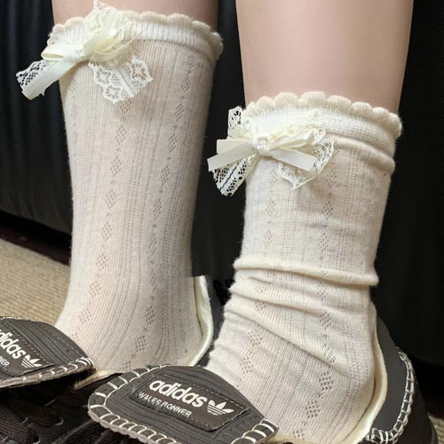 好piu亮的芭蕾风！蕾丝蝴蝶结薄款！春夏网眼镂空百搭堆堆袜子女