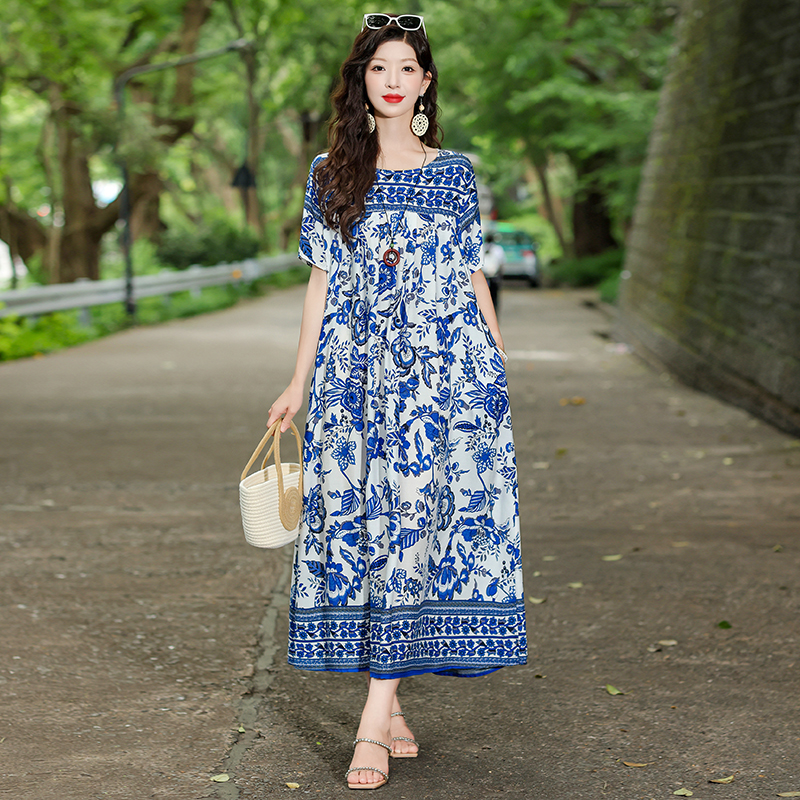 胖mm大码棉绸连衣裙女夏季新款宽松显瘦妈妈装印花短袖长款花裙子