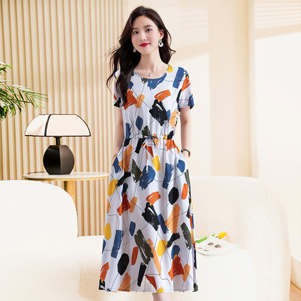 夏装2025新款中年棉绸连衣裙女中长款过膝时尚气质年轻妈妈装裙子