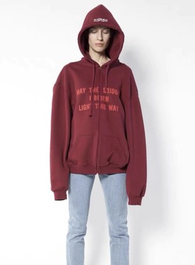 现货VTM  MTB Zip Up Hoodie 燃烧的桥梁标语酒红色刺绣连帽衫