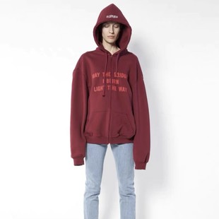 Zip Hoodie 燃烧 现货VTM 桥梁标语酒红色刺绣连帽衫 MTB