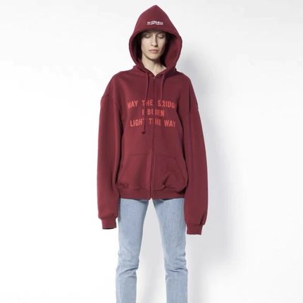 现货VTM  MTB Zip Up Hoodie 燃烧的桥梁标语酒红色刺绣连帽衫