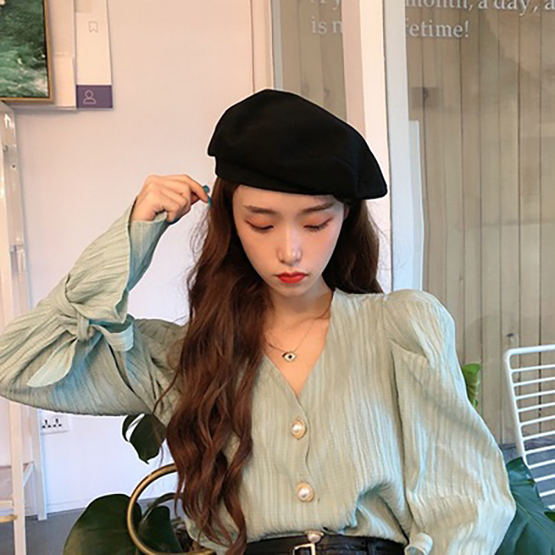 法式复古薄荷绿衬衣春夏宽松V领衬衫露锁骨气质上衣珍珠扣长袖女|msdalam kategori Butik wanita / wanita, shirt - dari Buy2taobao.com untuk memberikan perkhidmatan ejen Taobao profesional membeli