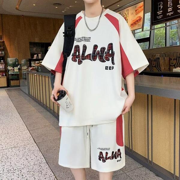美式休闲字母印花短袖套装男夏季宽松潮流运动服青少年潮牌两件套
