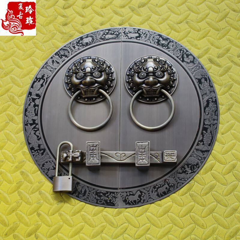 中式实木大门狮子头圆盘拉手仿古纯铜门环门栓别墅大门圆形铜把手