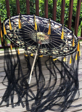 昌盛印花绸布伞古典中国风汉服女配饰丝带流苏伞古装仙女拍照道具