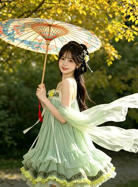 青枝蔓序夏日浅绿薄荷少女吊带洋装 复古田园碎花边洛丽塔连衣裙