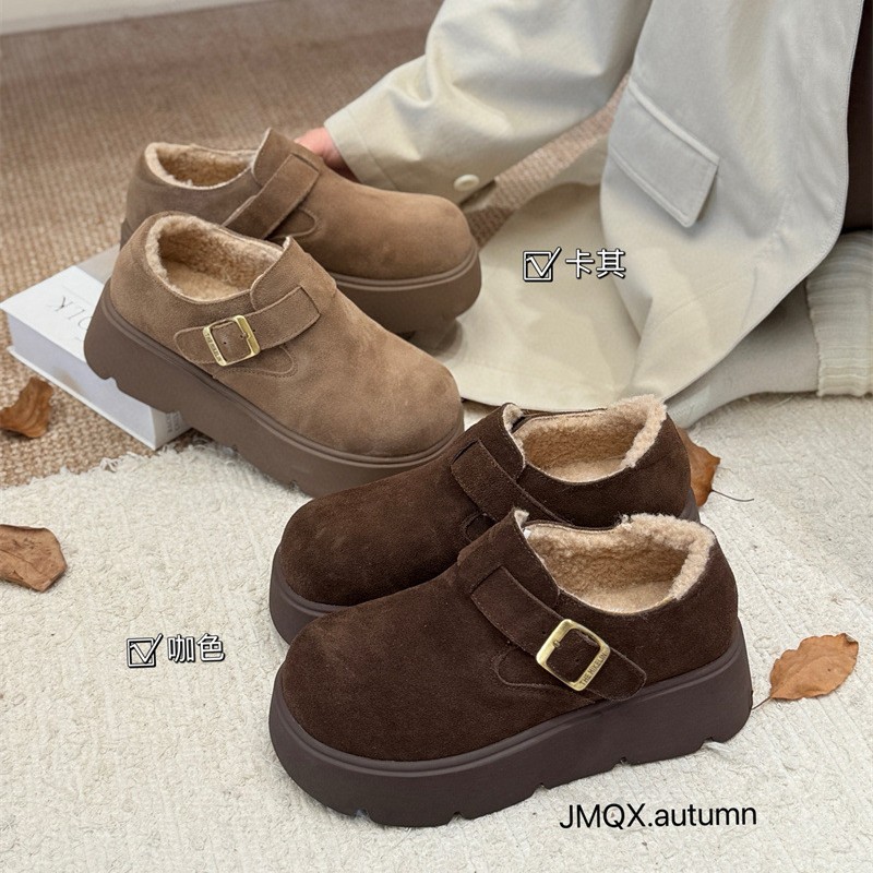 真皮厚底皮带扣勃肯鞋2025冬季新款复古加绒加厚毛毛一脚蹬棉鞋女