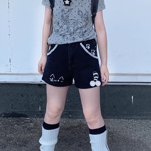 扣扣商店CokoStore原创小猫刺绣短裤蕾丝边亚萌可爱少女百搭显瘦