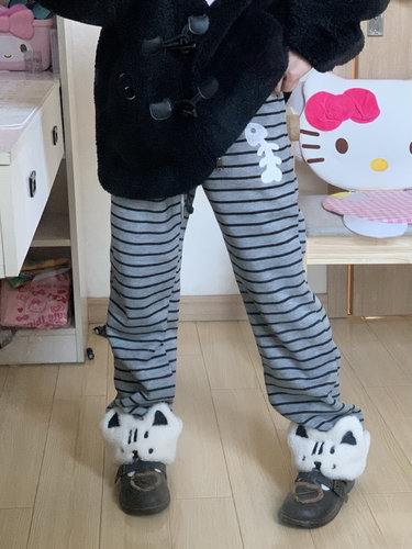 扣扣商店CokoStore原创可爱猫咪刺绣条纹加绒卫裤女宽松休闲裤