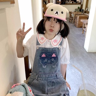 扣扣商店CokoStore原创猫咪刺绣口袋背带裤 可爱宽松百搭显瘦少女