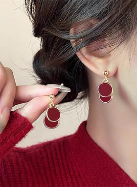 奥特莱斯撤柜18K金复古红色圆片耳环耳坠耳钉本命年高级感耳饰