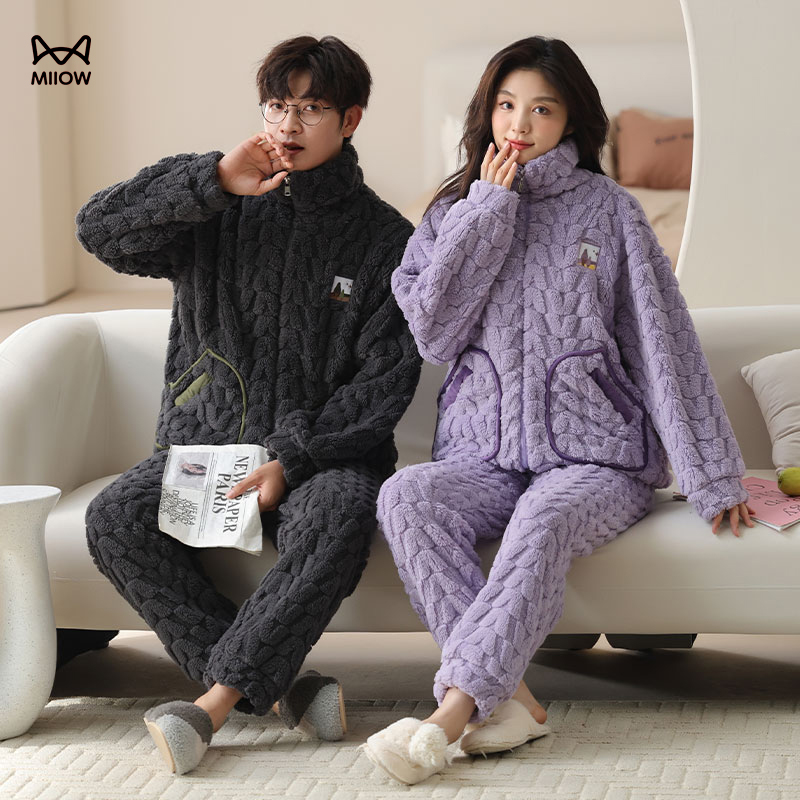猫人情侣法兰绒加绒加厚保暖睡衣