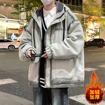 牛仔棉衣男冬季加绒加厚派克棉服青少年潮流外套初中高中学生棉袄