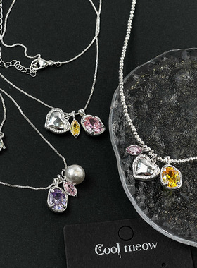 欧美小众设计彩色ins风爱心水晶锆石珍珠水滴多坠项链感颈链