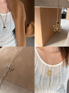 TCS简约ins风银色花朵锆石吊坠项链复古小众毛衣链百搭高级感