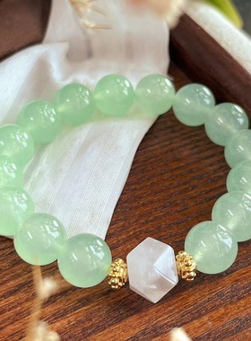 12MM大颗粒夏日清凉薄荷绿石英岩玉手链天然白水晶手串配饰