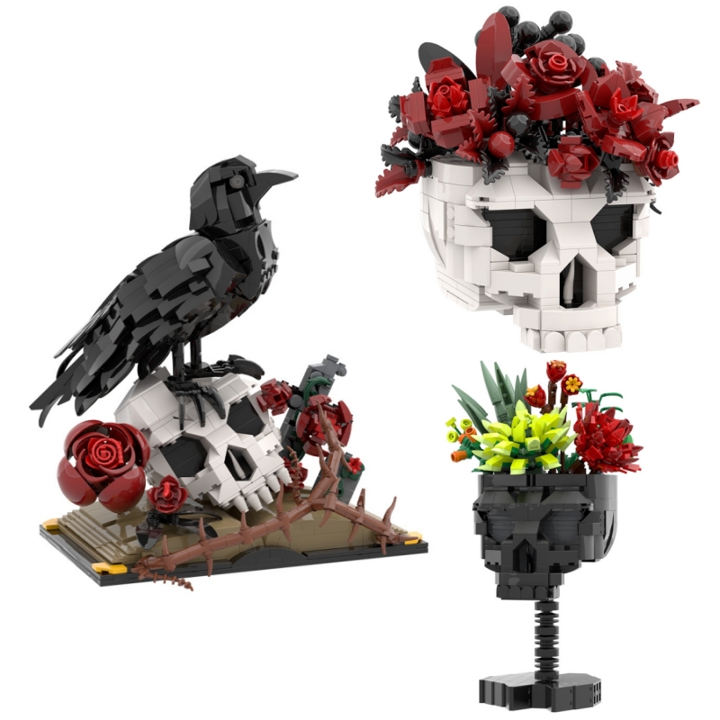 【高砖零件】万圣节乌鸦头骨花骷髅头玫瑰摆件MOC拼装积木玩具