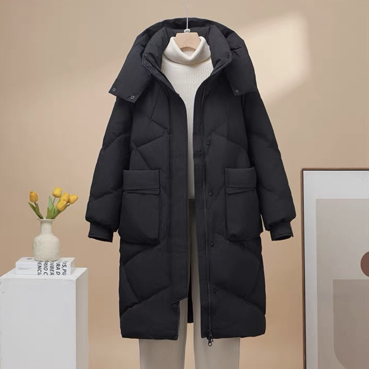 2025冬新款女士中长款可脱卸帽羽绒服简约百搭气质高充绒保暖外套