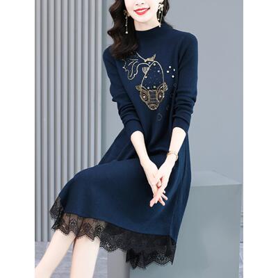 针织连衣裙女装秋冬2025新款配大衣长款蕾丝打底内搭时尚毛衣裙子
