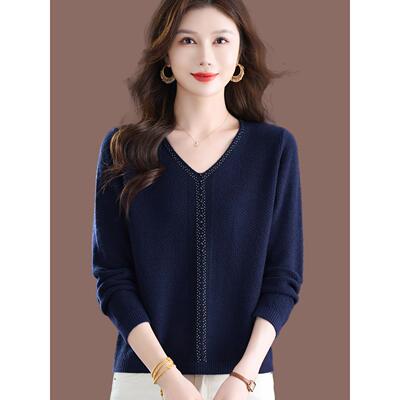 2025秋新款V领羊毛针织衫女宽松显瘦百搭毛衣打底衫长袖内搭上衣