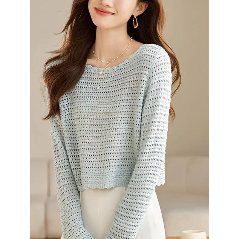 春夏冰丝针织镂空长袖T恤女薄款宽松小众设计感短款罩衫外搭上衣