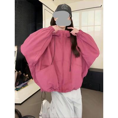 秋装2025新款抽绳连帽冲锋衣外套女韩版休闲大码短款防风夹克上衣
