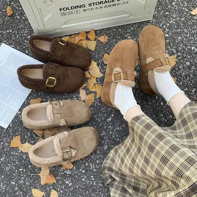 大码女鞋41到43秋冬新款加绒勃肯鞋软底不累脚一脚蹬豆豆鞋女棉鞋