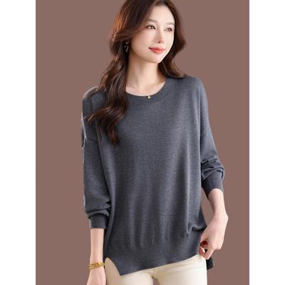 圆领宽松羊毛针织毛衣女2025秋冬新款时尚超洋气外穿打底开叉小衫