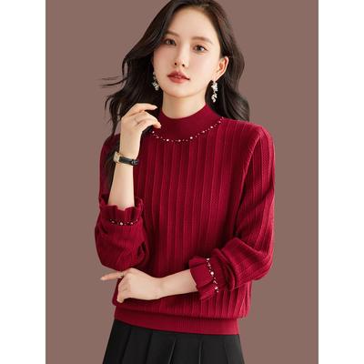 半高领钉珠毛衣女秋冬2025新款宽松内搭羊毛针织打底衫上衣