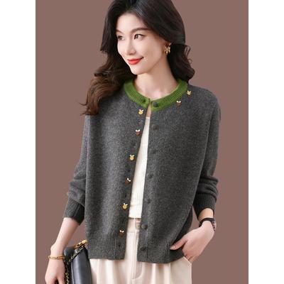 圆领2025新款春装外搭羊毛针织开衫女士短款毛衣外套宽松上衣春秋