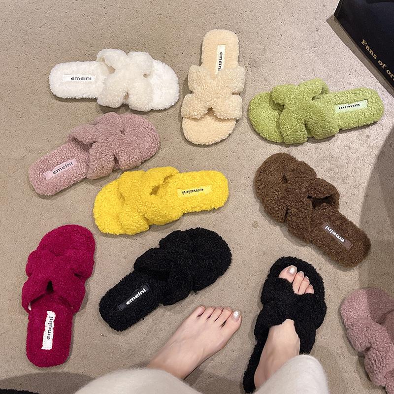 大码女鞋41到43毛毛拖鞋一字平底外穿2025新款秋冬皮毛一体棉拖鞋