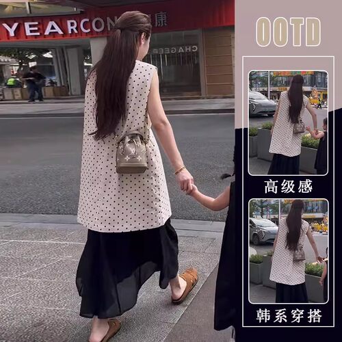 胖东来单件/温柔系炸街奶乖装女欧美气质中长款波点上衣高腰黑色