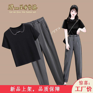 胖东来微胖女生装穿搭女夏季网红显瘦盐系黑色上衣休闲裤大码潮【