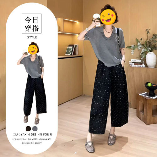 胖东来单件/2026年设计感别致短袖上衣高腰波点阔腿裤遮肉简约休