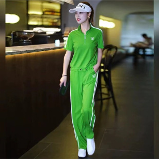 胖东来绿色时尚气质运动套装女款高级感减龄短袖高腰阔腿裤休闲两
