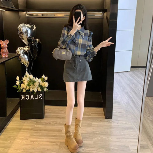 胖东来单件/2025春季新款格子衬衫设计感大翻领长袖上衣牛仔短裙