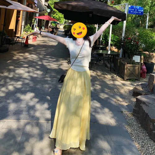 进口单件/2025夏季超火穿搭装韩系小众绑带短袖上衣高腰a字半身裙