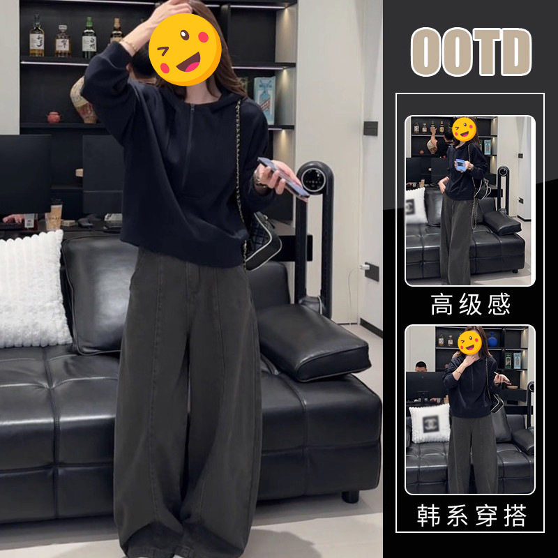 胖东来单件/2025新款欧美宽松连帽半开领卫衣高腰休闲裤潮盐系简