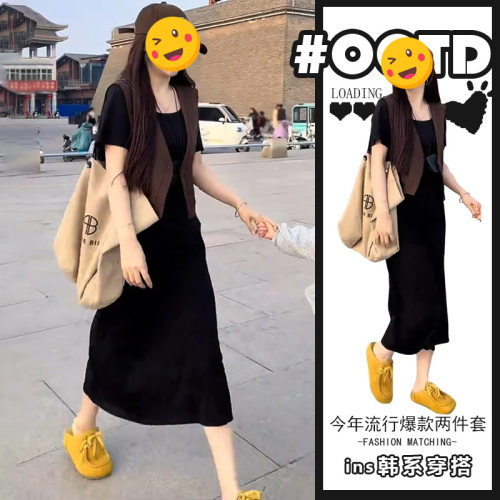胖东来单件/夏装搭配女气质显瘦无袖马甲外搭黑色中长款连衣裙子