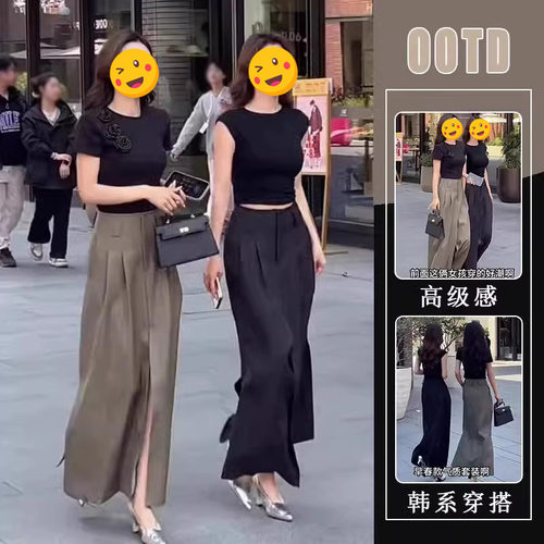 胖东来2025夏季新款高级感御姐立体花朵短袖T恤设计感开叉半身裙