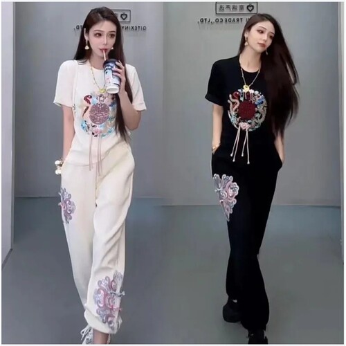 进口单件/中国风夏季装新中式复古刺绣短袖t恤女上衣休闲裤束脚裤