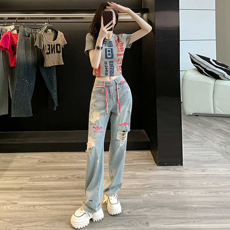 胖东来潮牌时尚休闲运动套装女夏网红炸街短款t恤高腰破洞牛仔裤